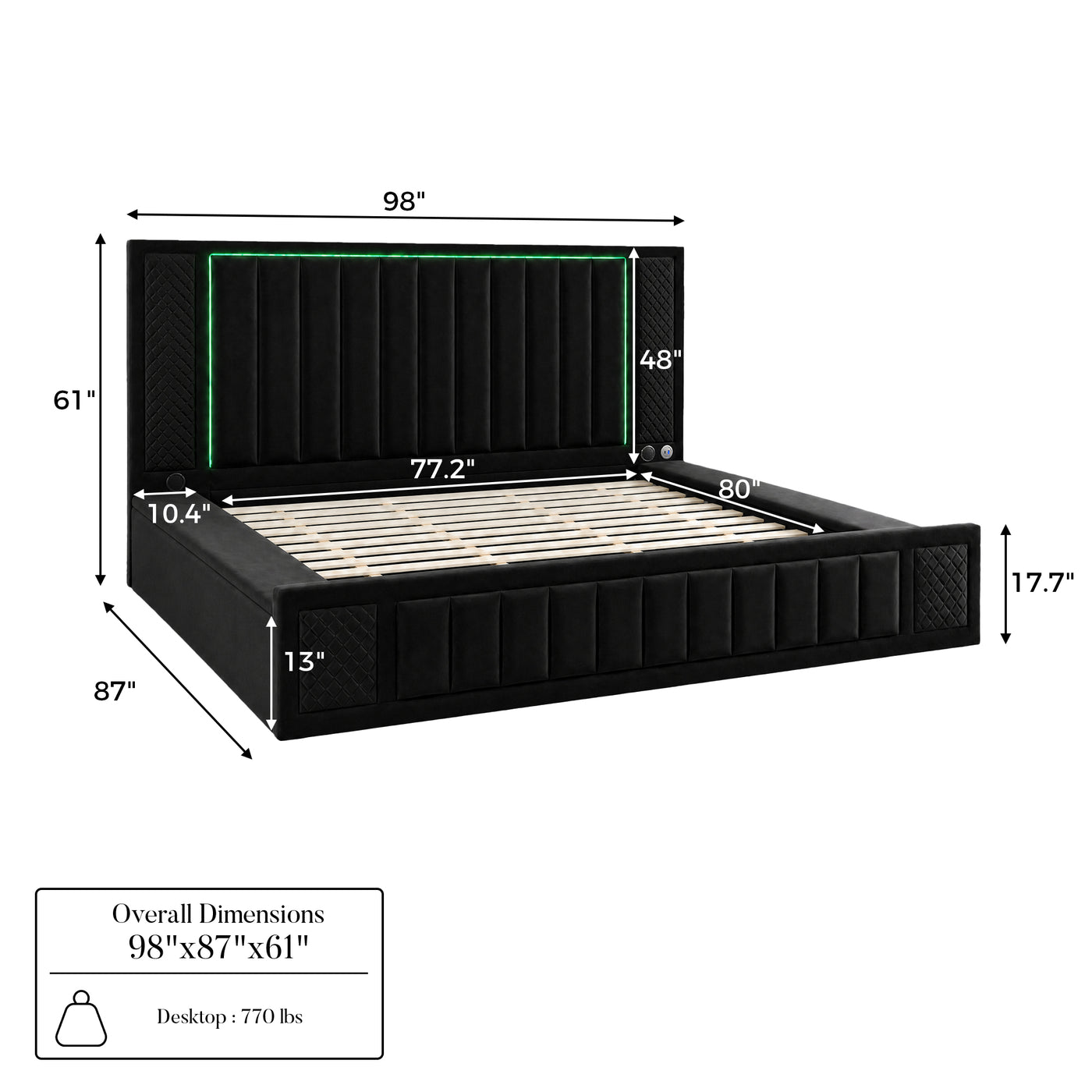 King Size LED Storage Bed with Upholstered Headboard