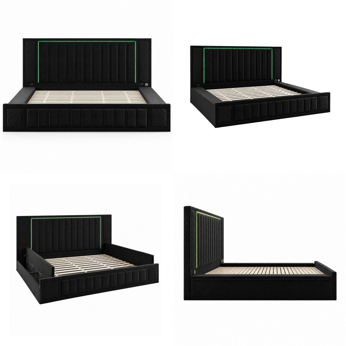 King Size LED Storage Bed with Upholstered Headboard