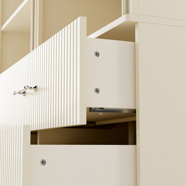 Arched Display Cabinet with Open Shelving, Drawers and Integrated Lighting