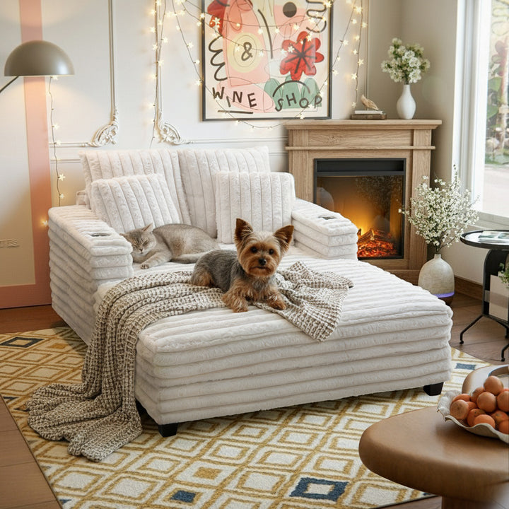 Oversized Modern Lounge Chaise Sofa Bed With Plush Faux Fur Upholstery And Pillow Set
