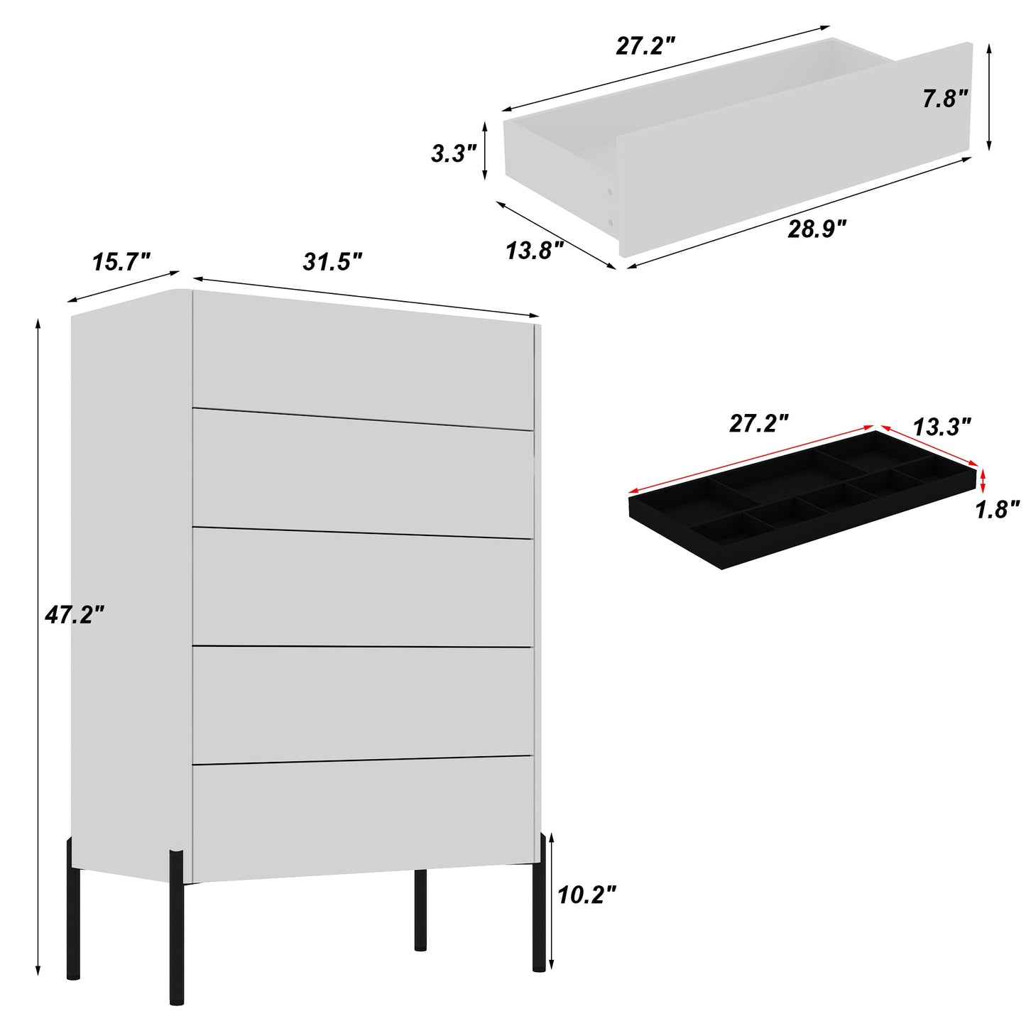 Dresser Chest Of Drawer with Glass Top and Jewelry Storage - 5 Drawers