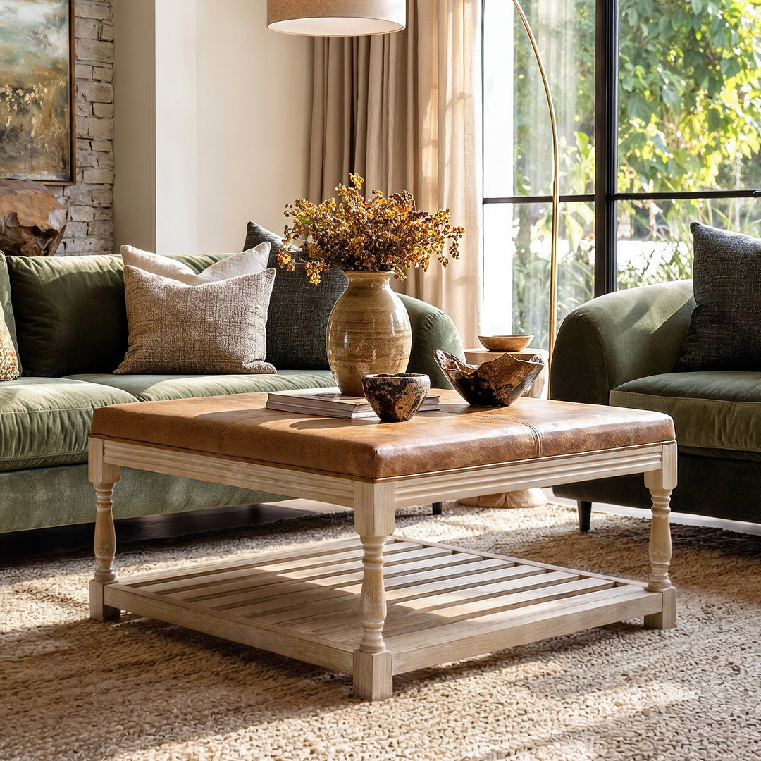Leather-Top Square Coffee Table with Open Shelf
