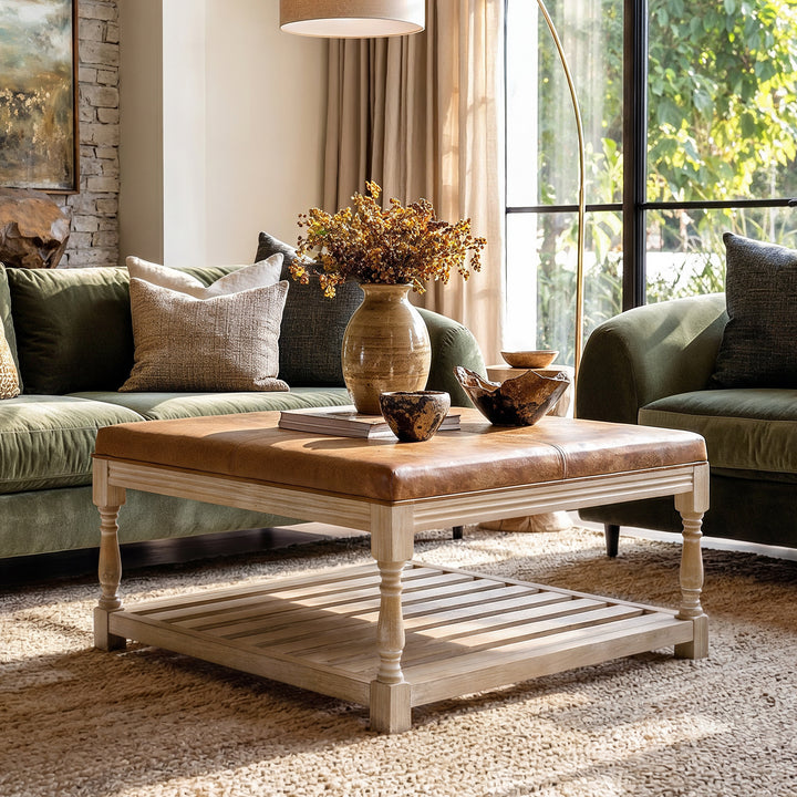 Leather-Top Square Coffee Table with Open Shelf