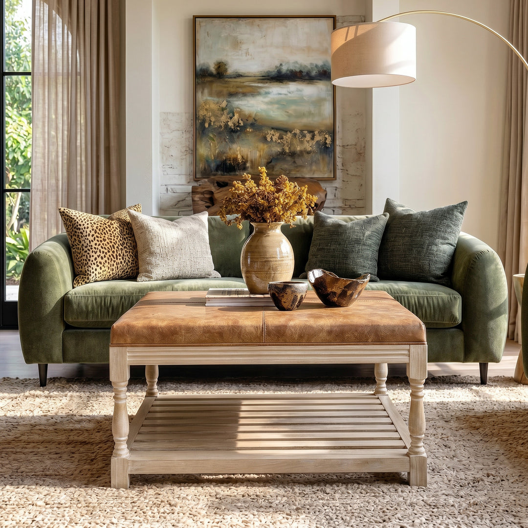 Leather-Top Square Coffee Table with Open Shelf