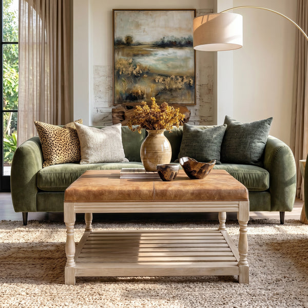 Leather-Top Square Coffee Table with Open Shelf