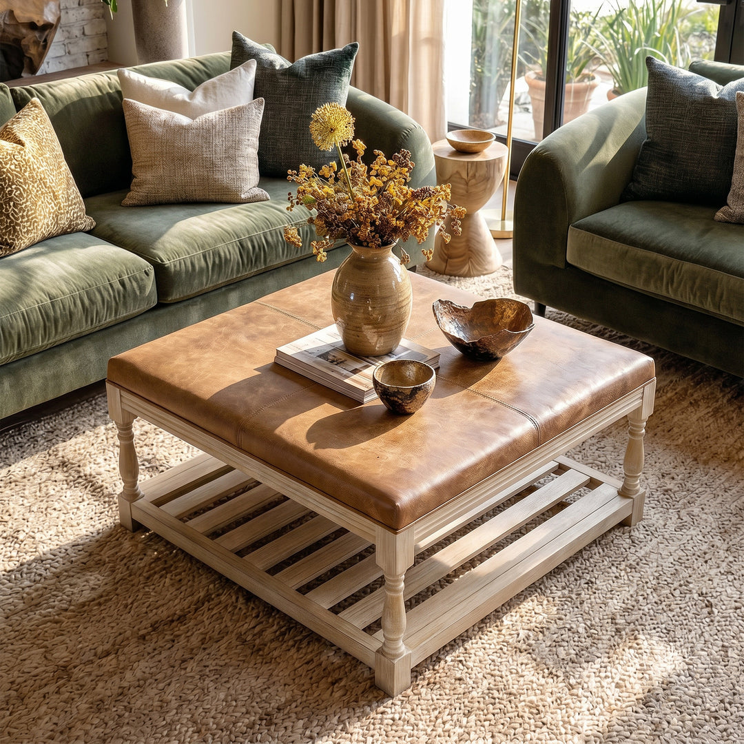 Leather-Top Square Coffee Table with Open Shelf