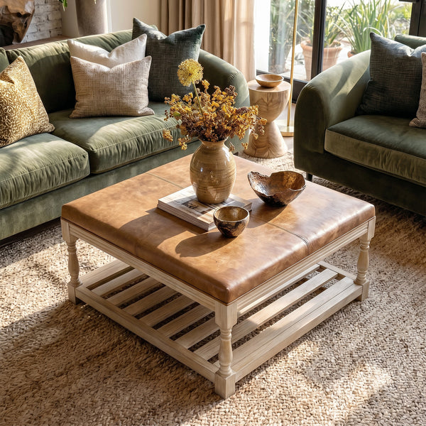 Leather-Top Square Coffee Table with Open Shelf