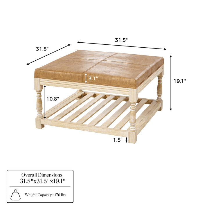 Leather-Top Square Coffee Table with Open Shelf