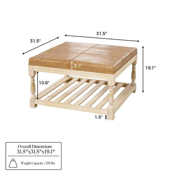 Leather-Top Square Coffee Table with Open Shelf