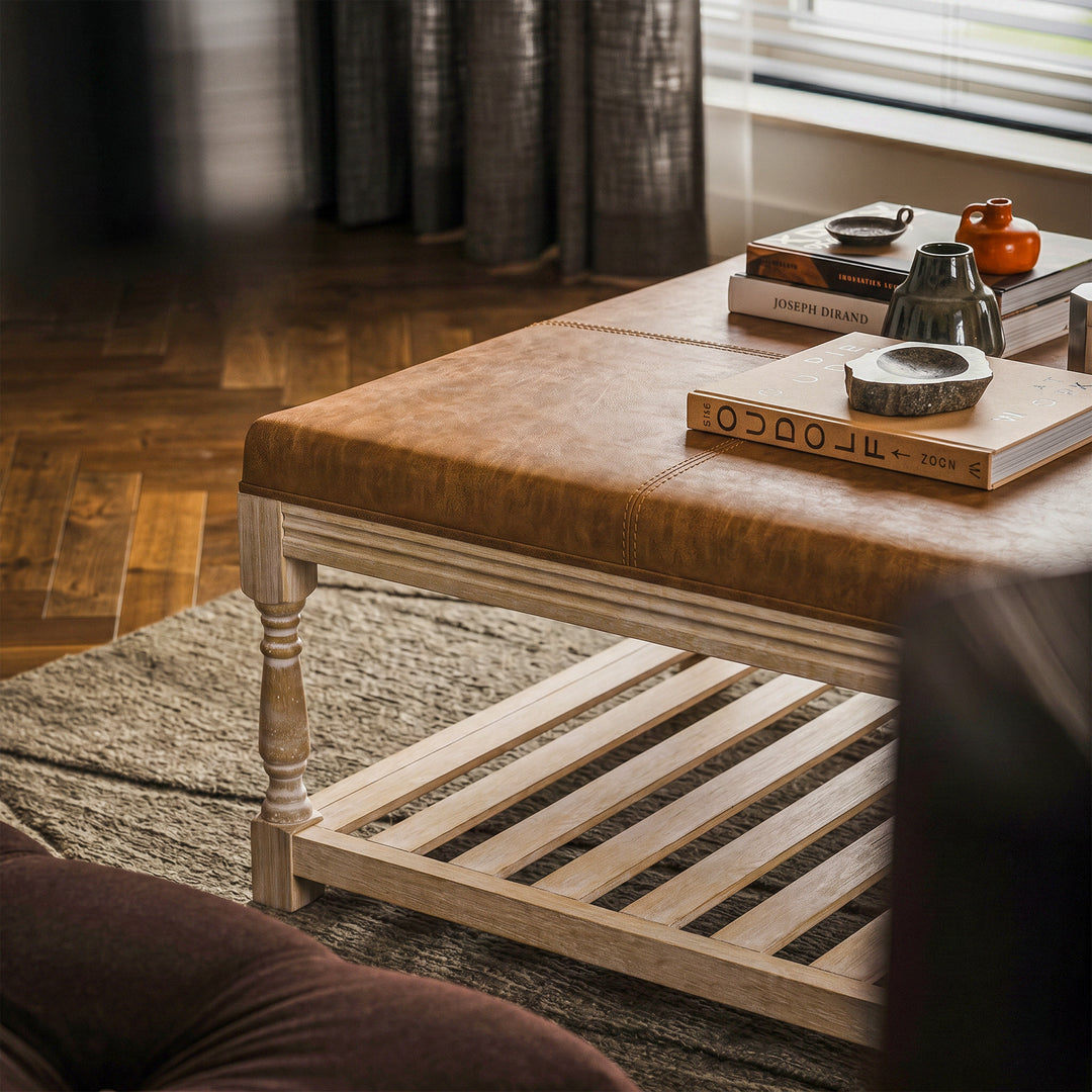 Leather-Top Square Coffee Table with Open Shelf