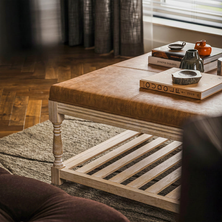 Leather-Top Square Coffee Table with Open Shelf