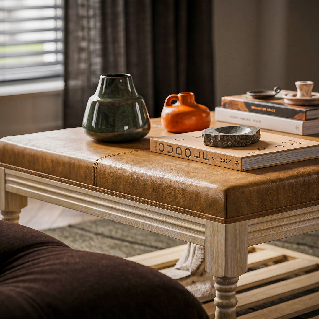 Leather-Top Square Coffee Table with Open Shelf