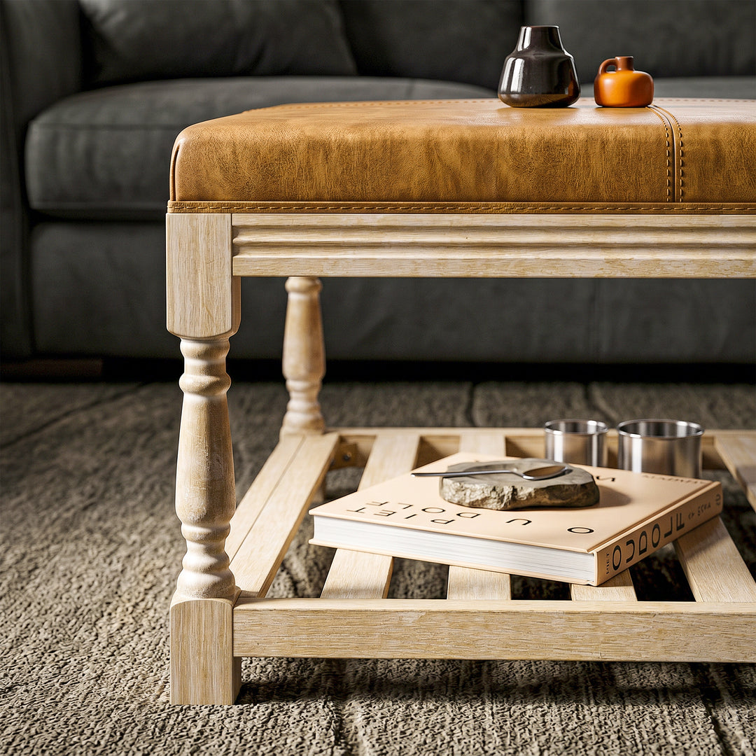 Leather-Top Square Coffee Table with Open Shelf