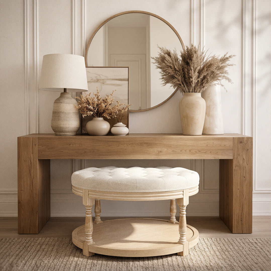 Upholstered Round Coffee Table with Open Shelf Base