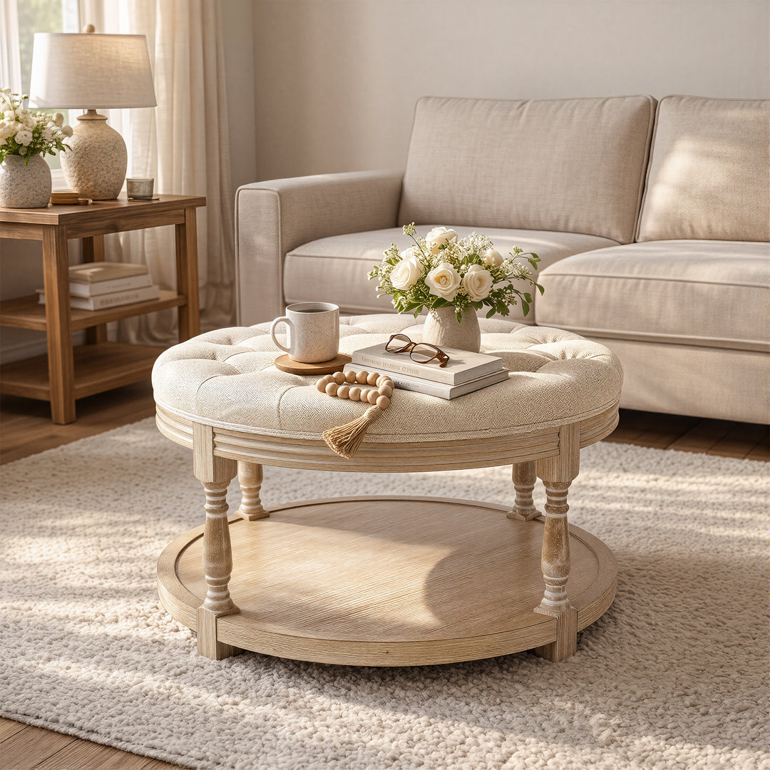 Upholstered Round Coffee Table with Open Shelf Base