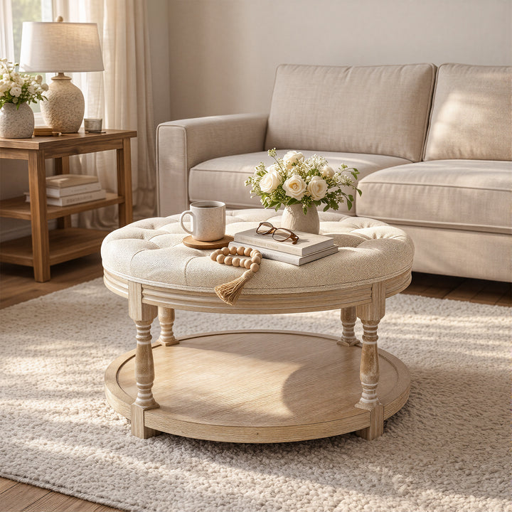 Upholstered Round Coffee Table with Open Shelf Base
