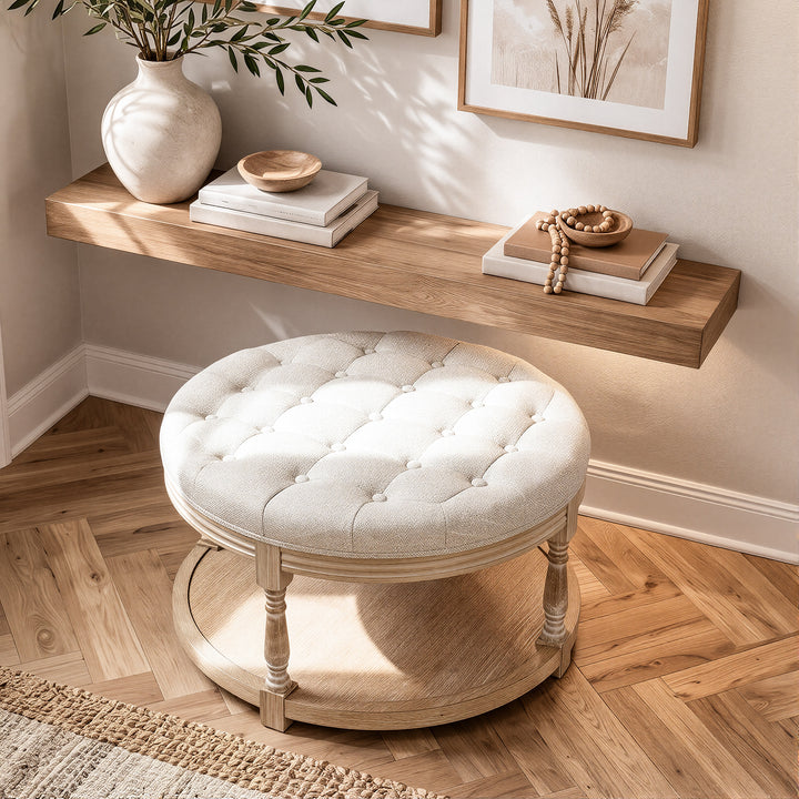 Upholstered Round Coffee Table with Open Shelf Base