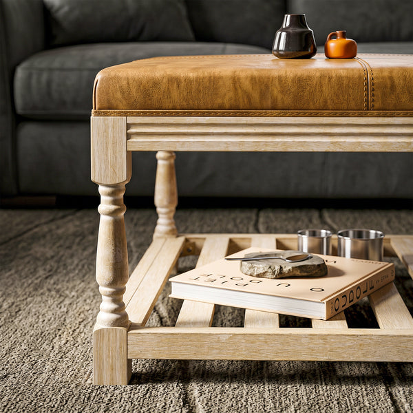 Leather-Top Square Coffee Table with Open Shelf
