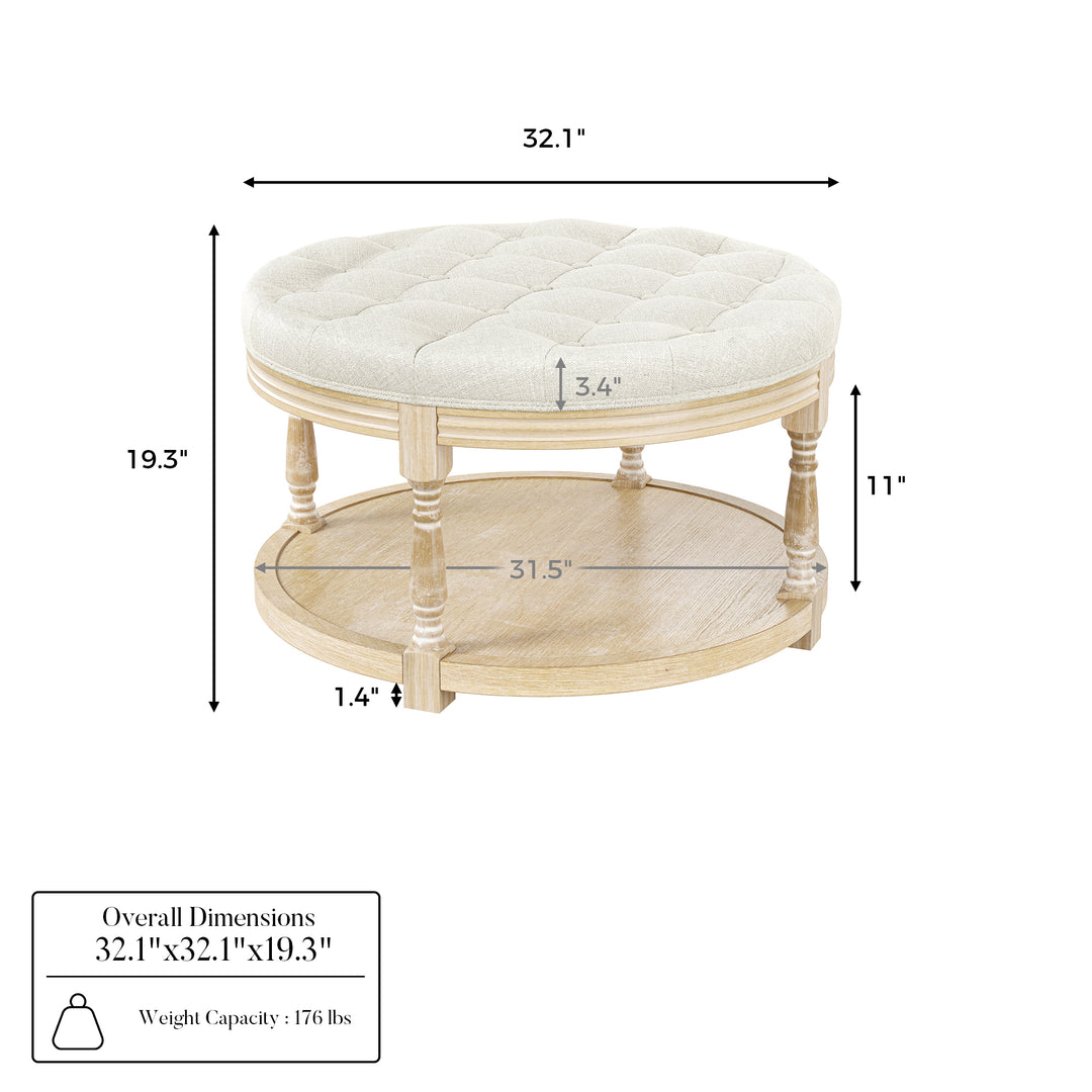 Upholstered Round Coffee Table with Open Shelf Base