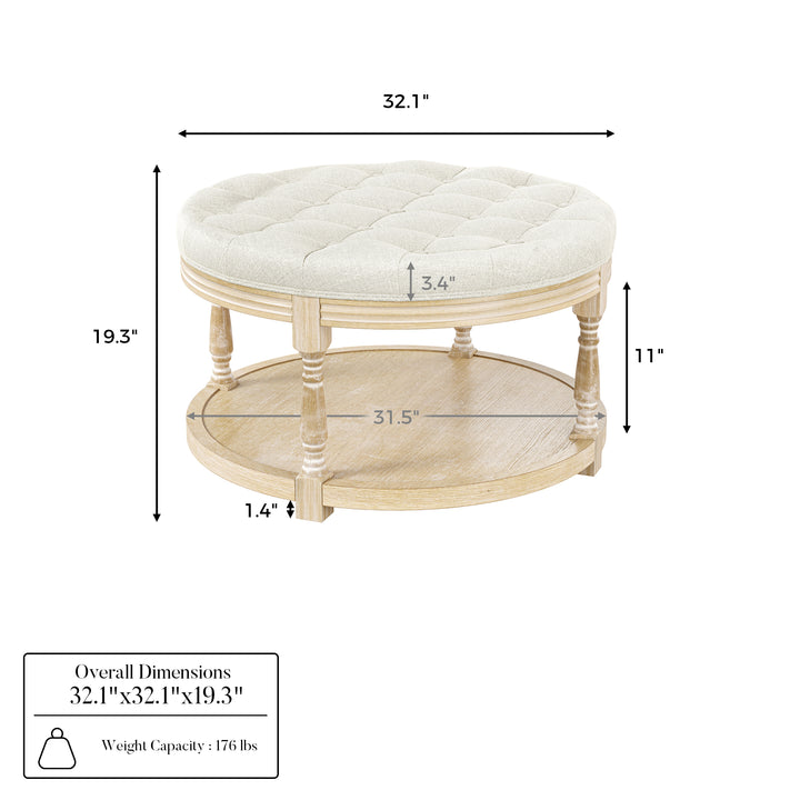 Upholstered Round Coffee Table with Open Shelf Base