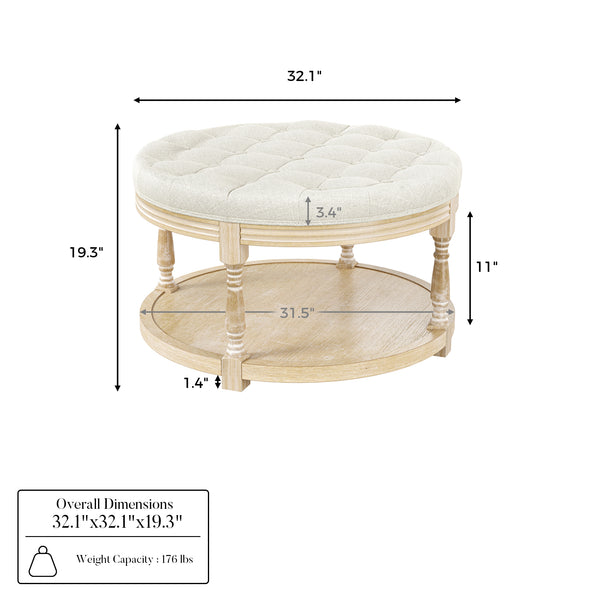 Upholstered Round Coffee Table with Open Shelf Base