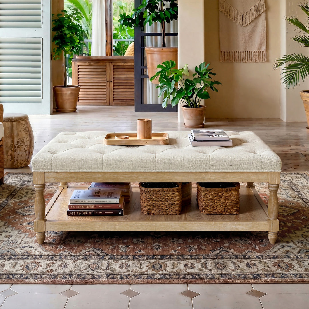 Upholstered Square Coffee Table with Open Shelf Base