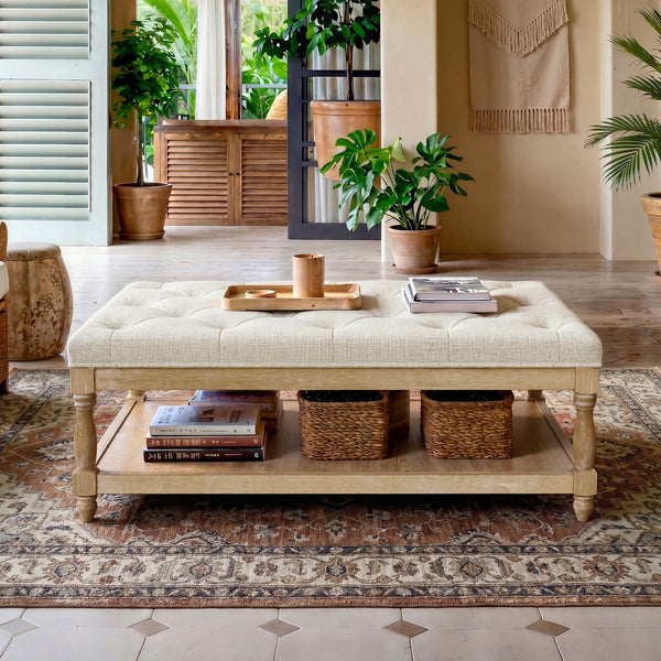 Upholstered Square Coffee Table with Open Shelf Base