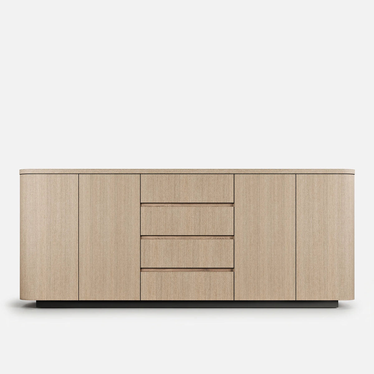 A modern sideboard cabinet with a light oak wood grain finish, featuring five drawers in the center and two tall cabinet doors on each side, set against a plain white background.