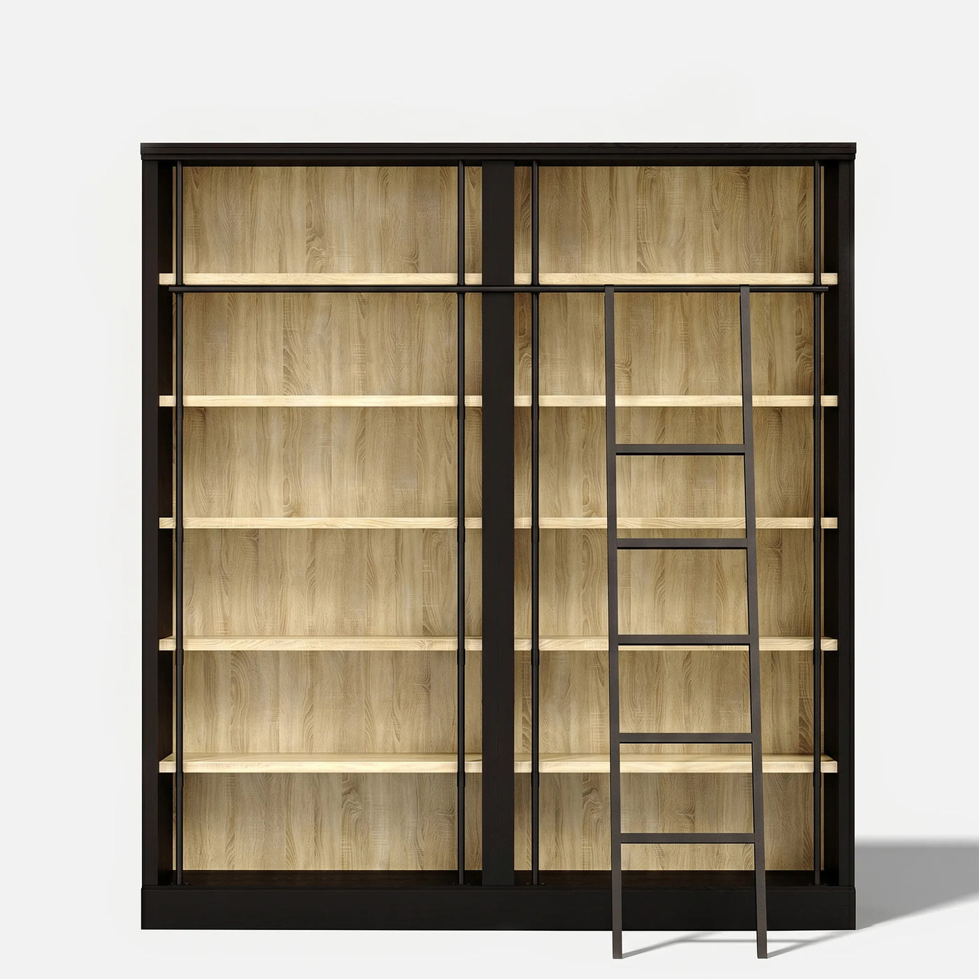 Double Bookcase with Rolling Ladder and 6-Tier Shelves