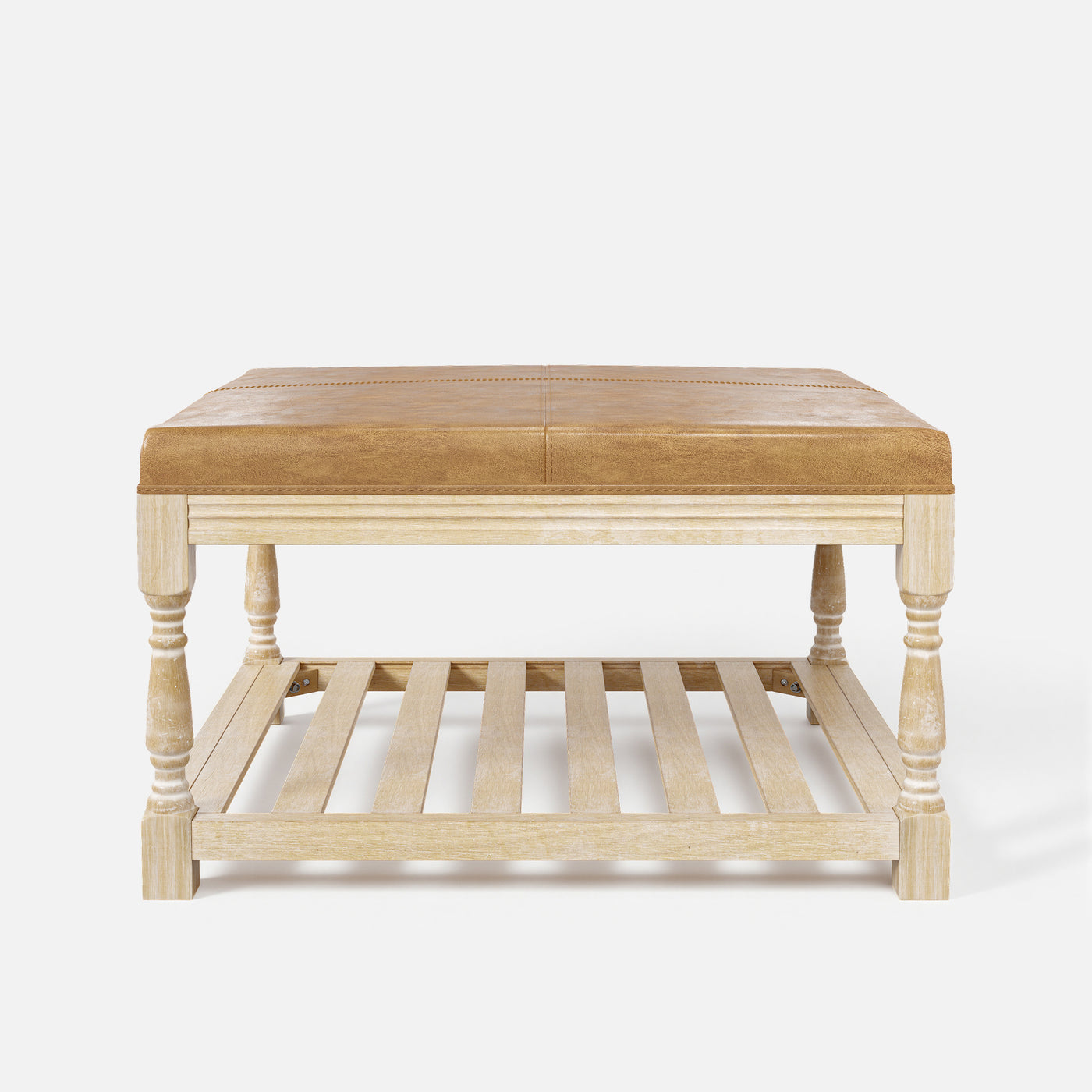 Leather-Top Square Coffee Table with Open Shelf