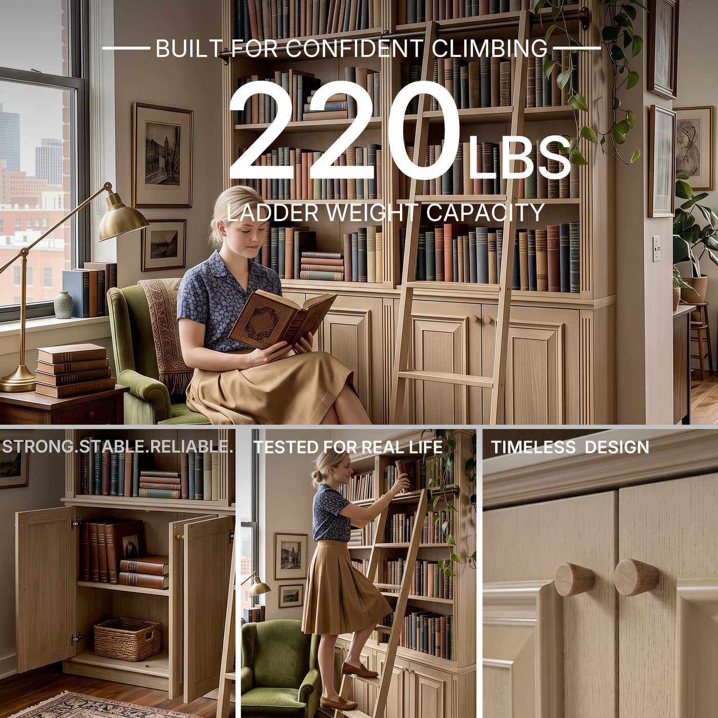 Bookcase with Rolling Ladder and Storage Cabinets