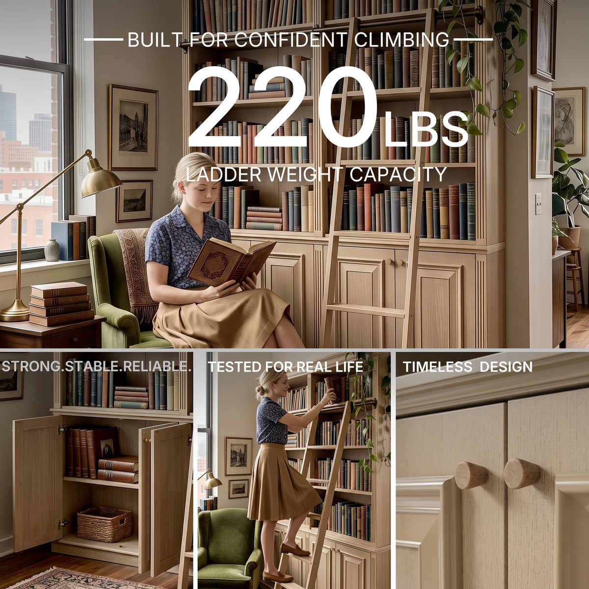 Bookcase with Rolling Ladder and Storage Cabinets