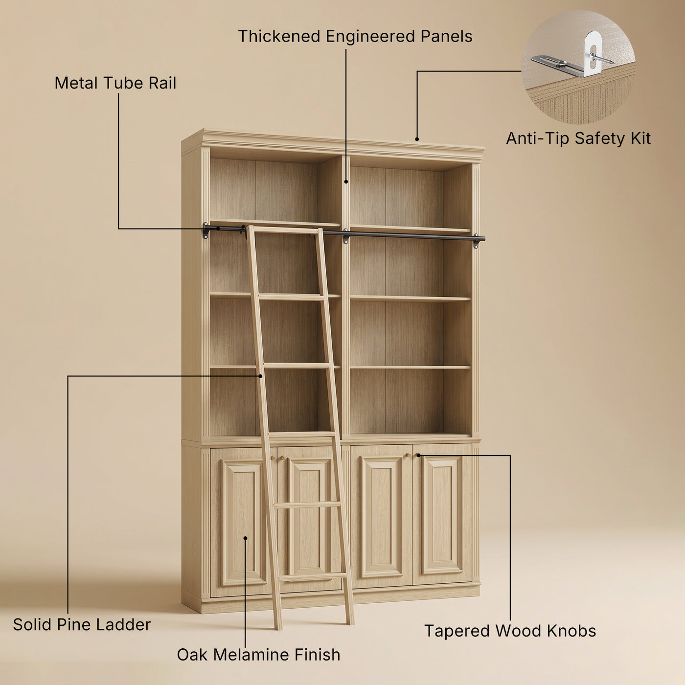 Bookcase with Rolling Ladder and Storage Cabinets
