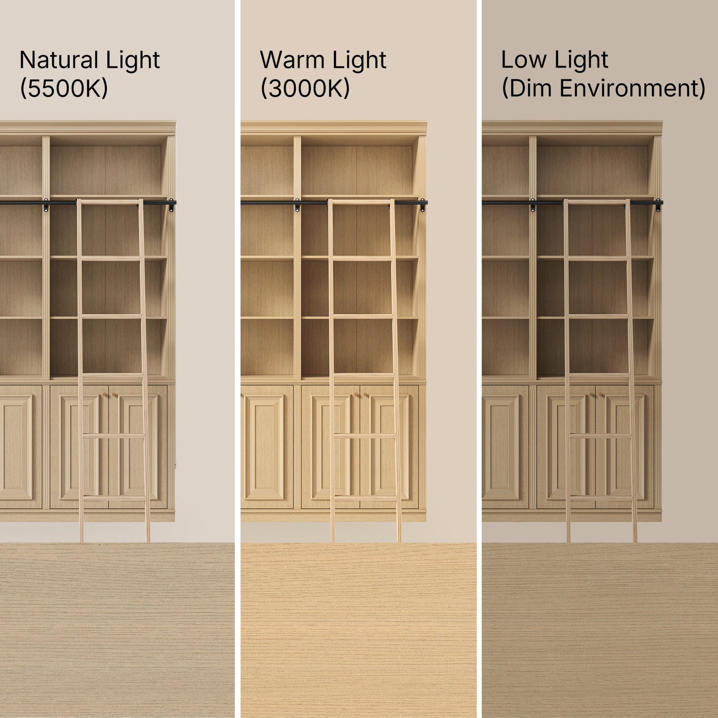 Bookcase with Rolling Ladder and Storage Cabinets