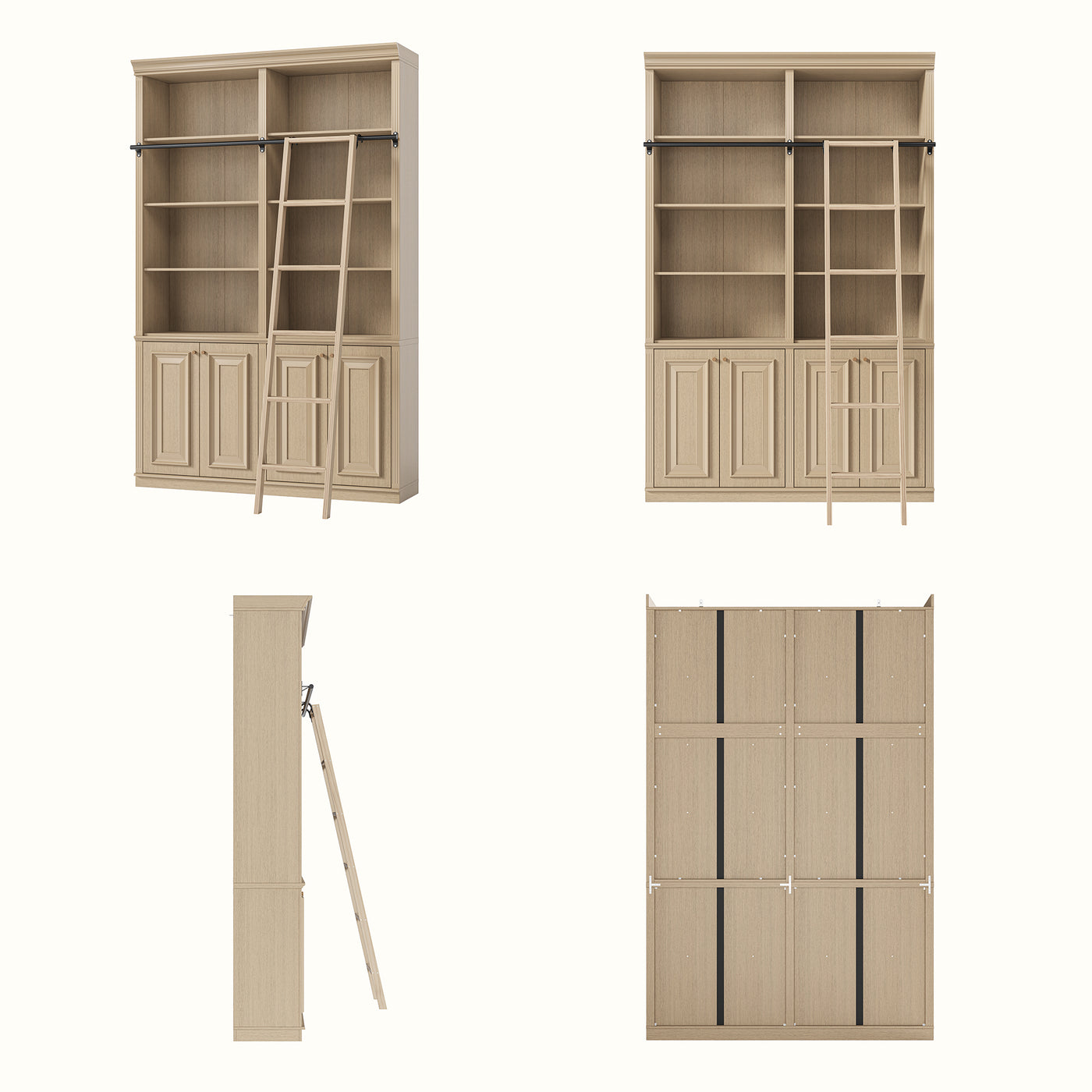 Bookcase with Rolling Ladder and Storage Cabinets