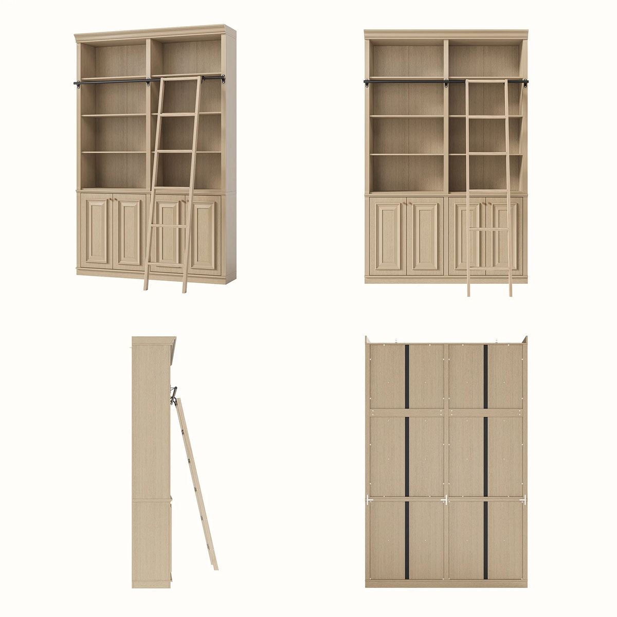 Bookcase with Rolling Ladder and Storage Cabinets