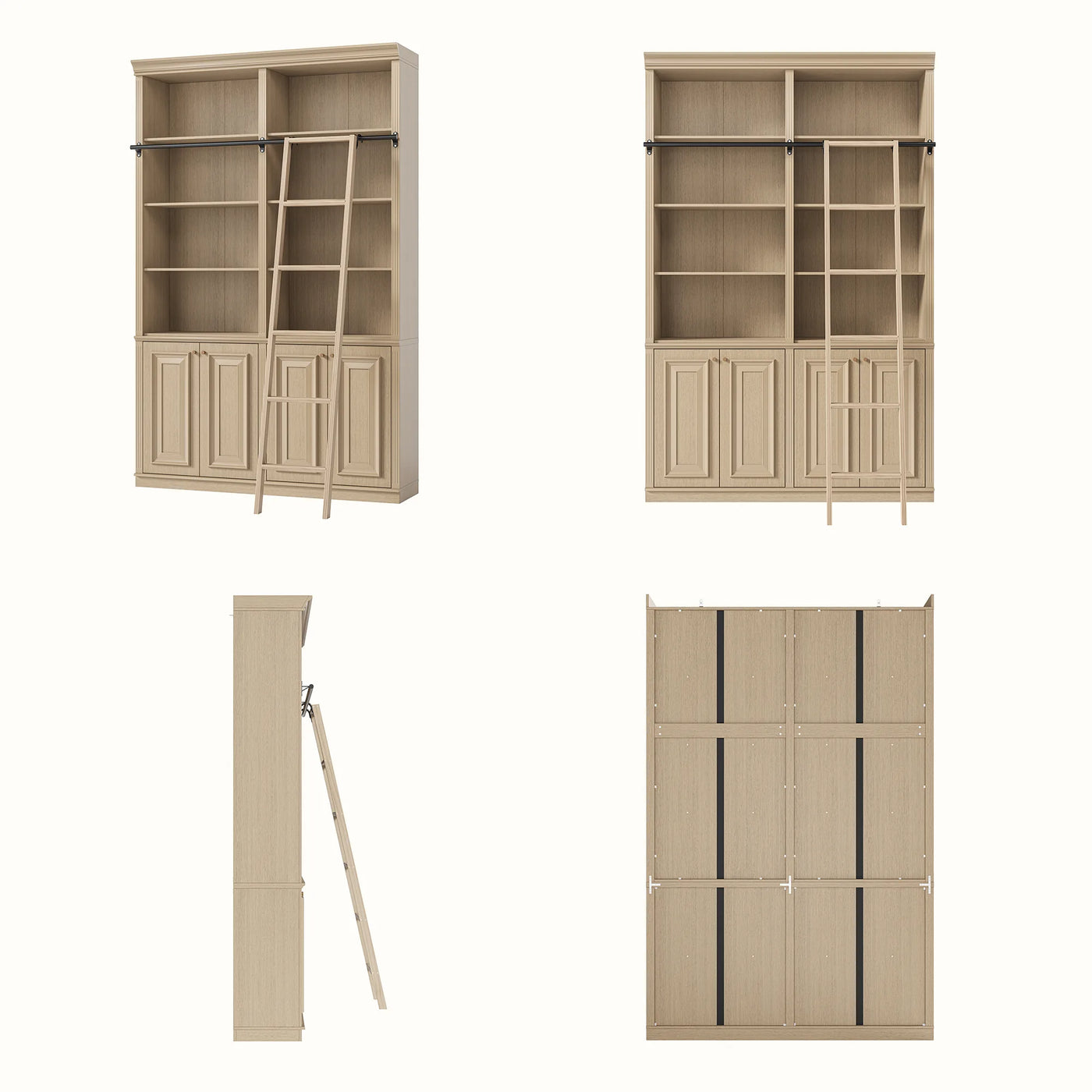 Bookcase with Rolling Ladder and Storage Cabinets