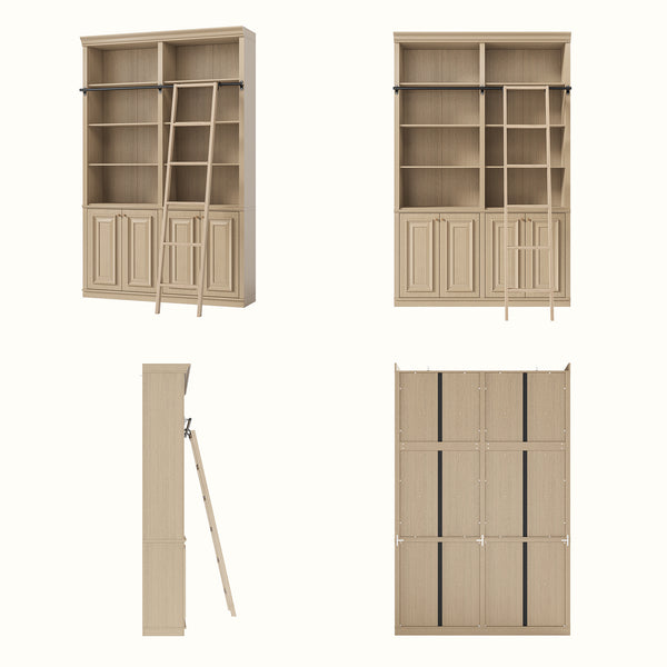 Bookcase with Rolling Ladder and Storage Cabinets