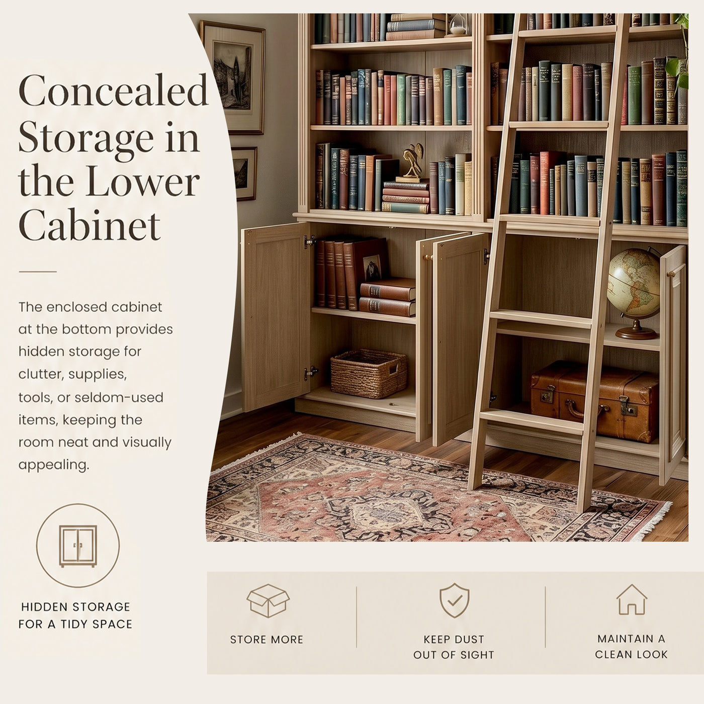 Bookcase with Rolling Ladder and Storage Cabinets
