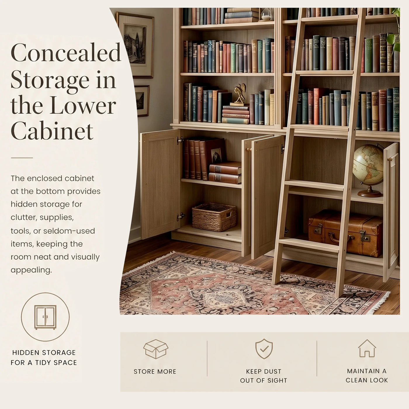 Bookcase with Rolling Ladder and Storage Cabinets