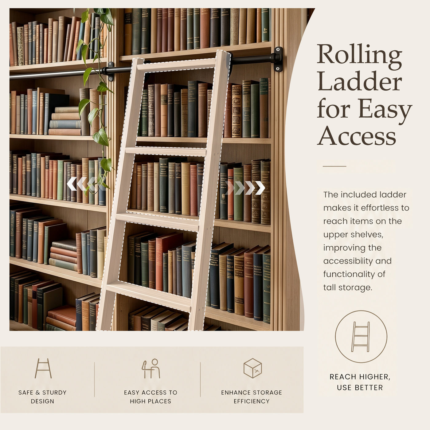 Bookcase with Rolling Ladder and Storage Cabinets