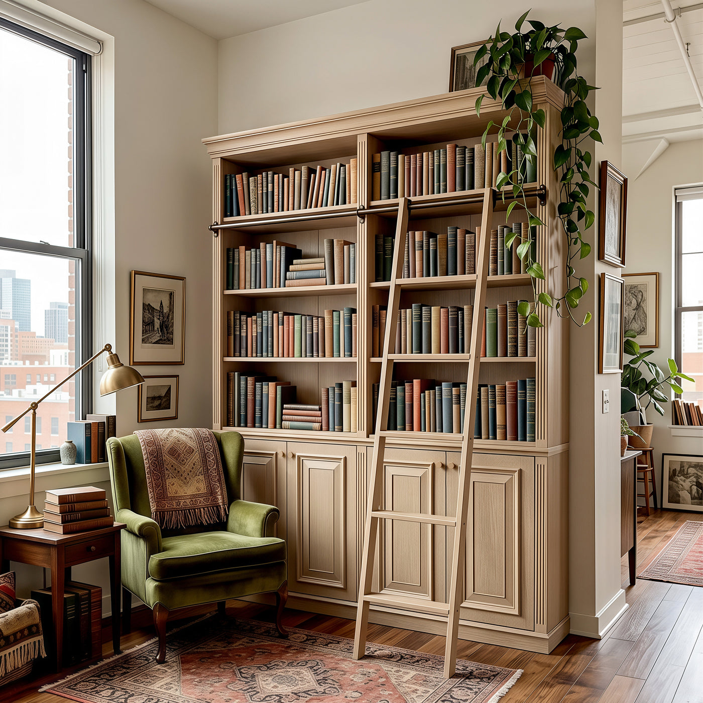 Bookcase with Rolling Ladder and Storage Cabinets