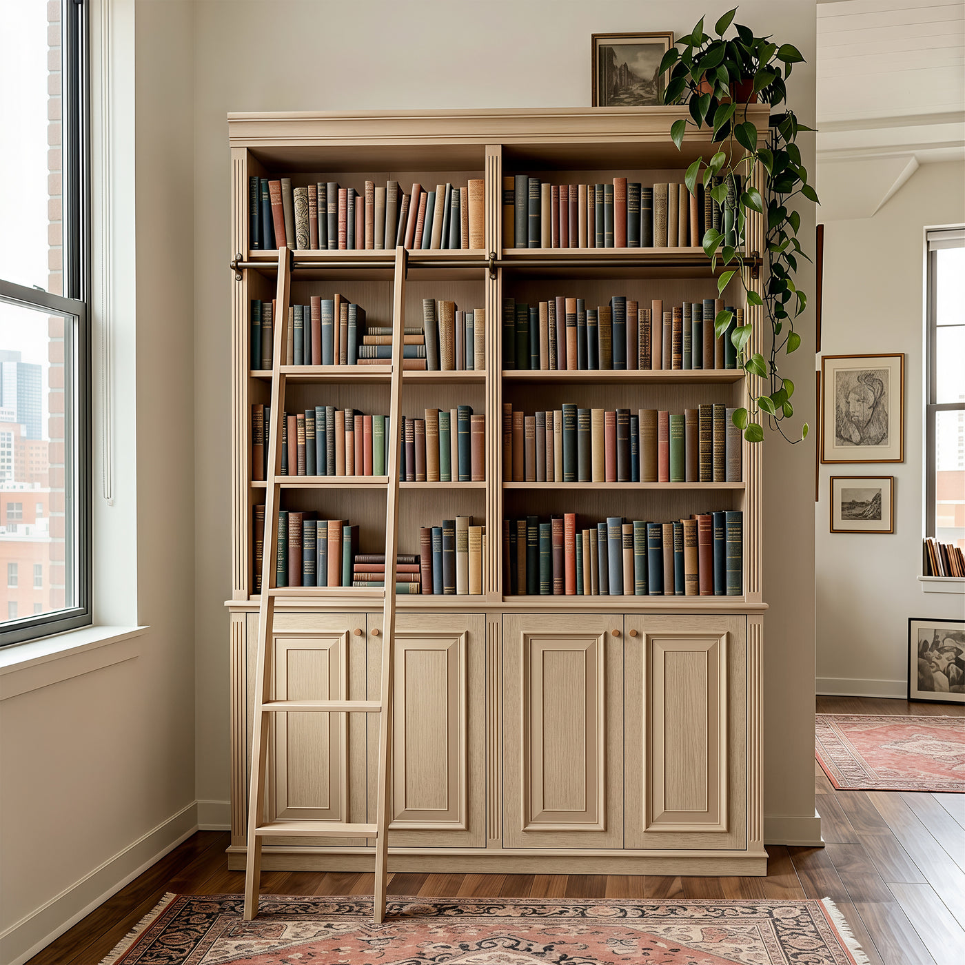 Bookcase with Rolling Ladder and Storage Cabinets