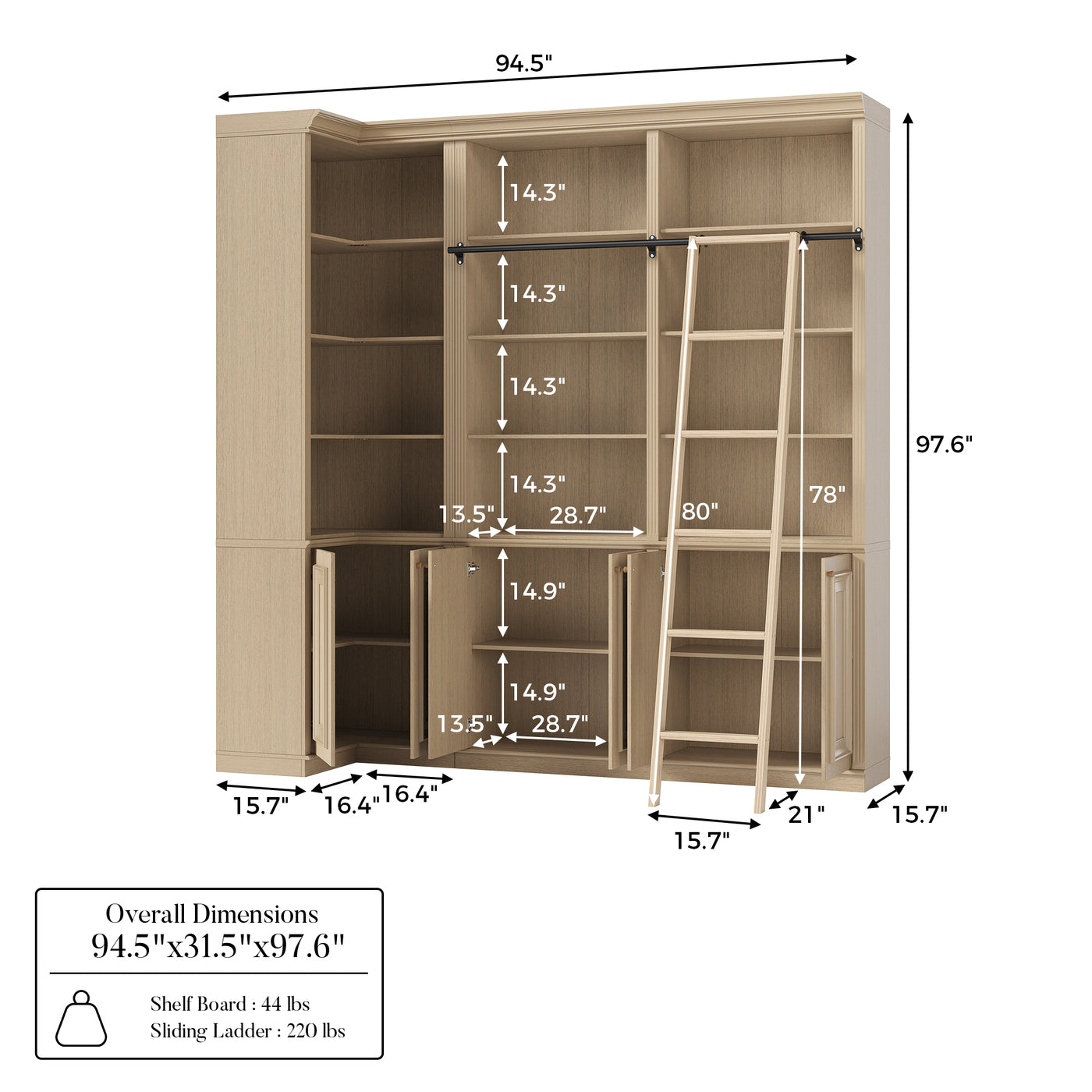 Ladder Bookcase Wall Unit with Corner Cabinet