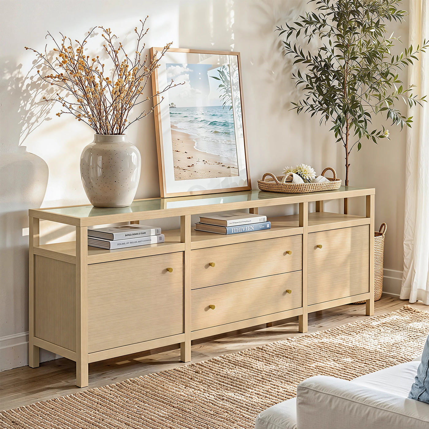 Storage Cabinet with Open Shelf, Drawers and Double Cabinets