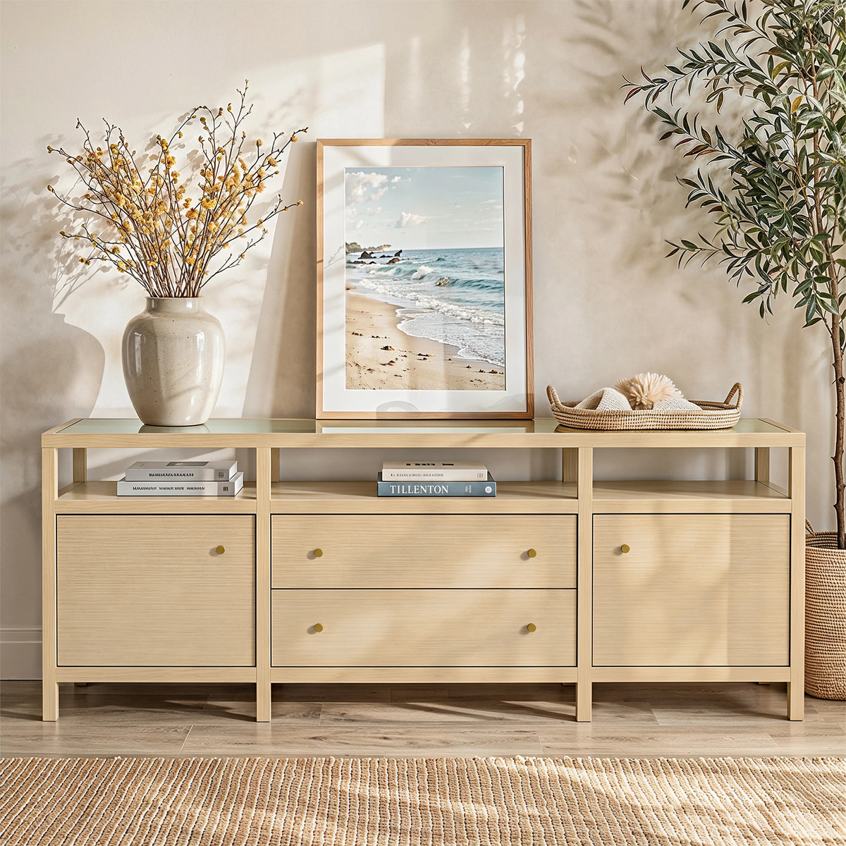 Storage Cabinet with Open Shelf, Drawers and Double Cabinets