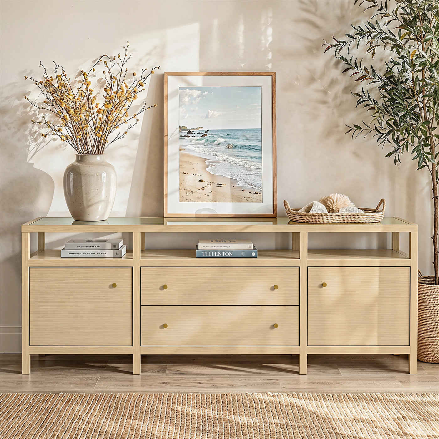 Storage Cabinet with Open Shelf, Drawers and Double Cabinets