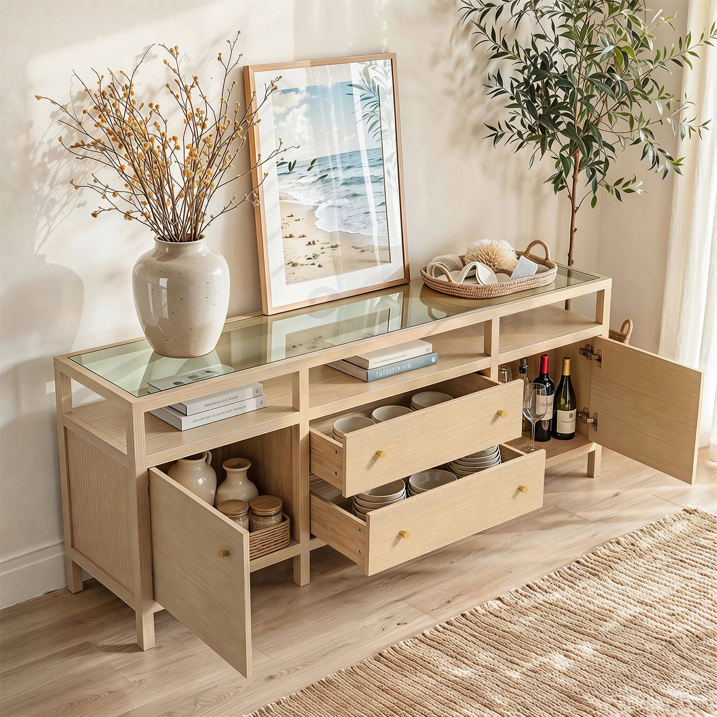 Storage Cabinet with Open Shelf, Drawers and Double Cabinets