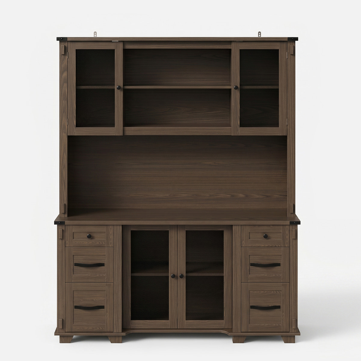 Wood Pantry Cabinet with Mesh Doors, Drawers and Open Shelving