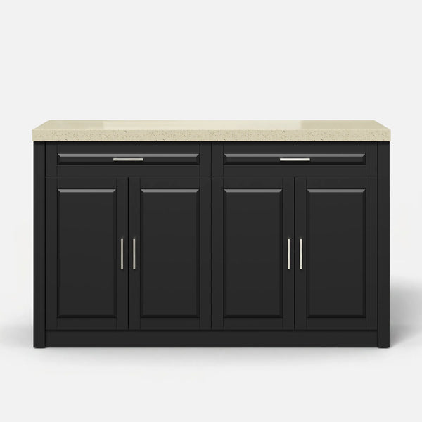 A modern kitchen island cabinet with a matte black frame, featuring four paneled lower doors, two upper drawers, and a light beige stone countertop with silver bar handles.